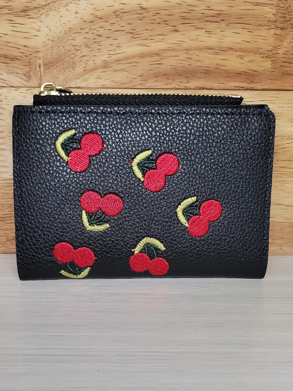 Black Cherry Embroidered Compact Wallet - Women Bags